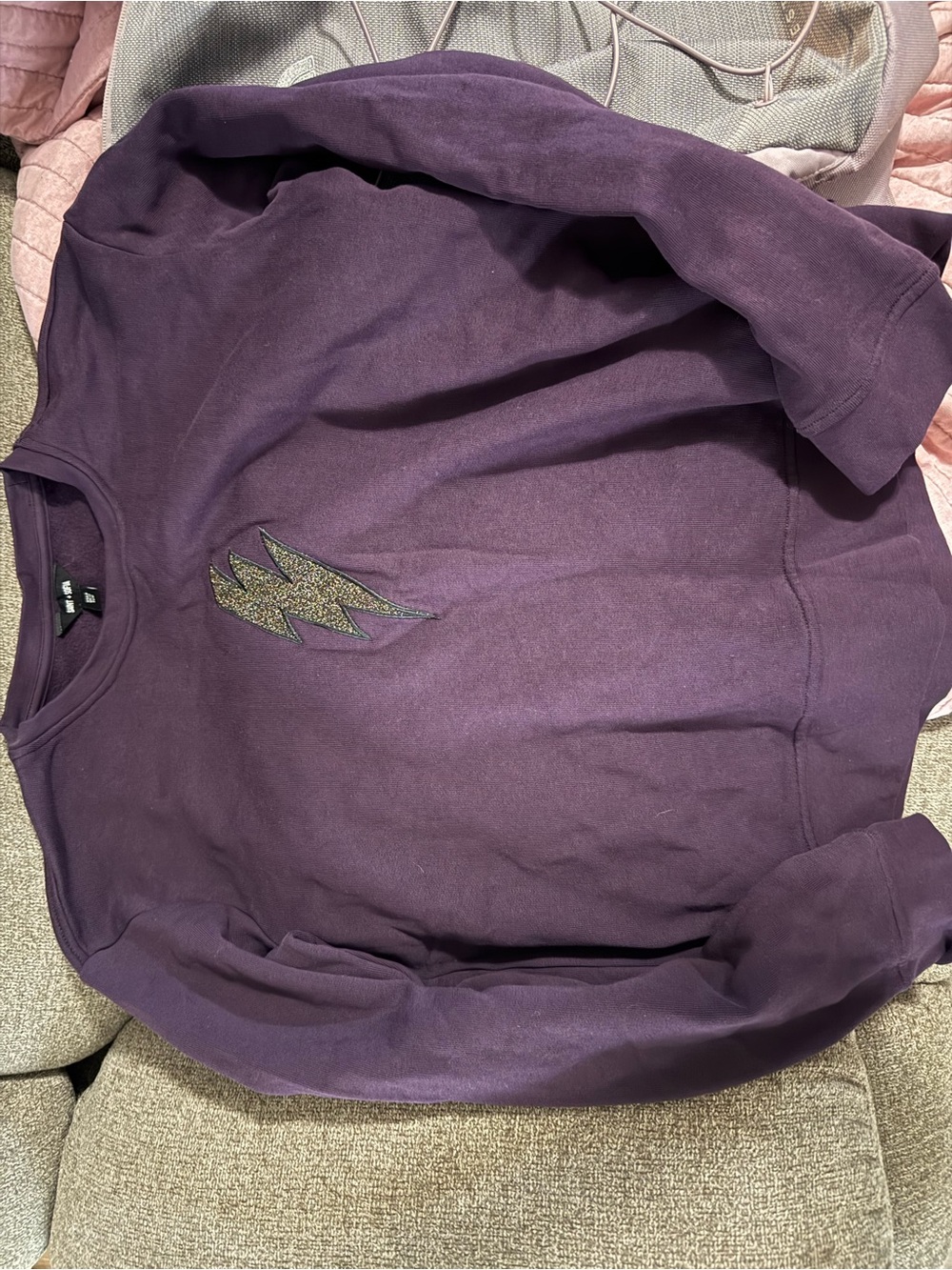 Purple Women's Crewneck Sweatshirt with Metallic Lightning Graphic